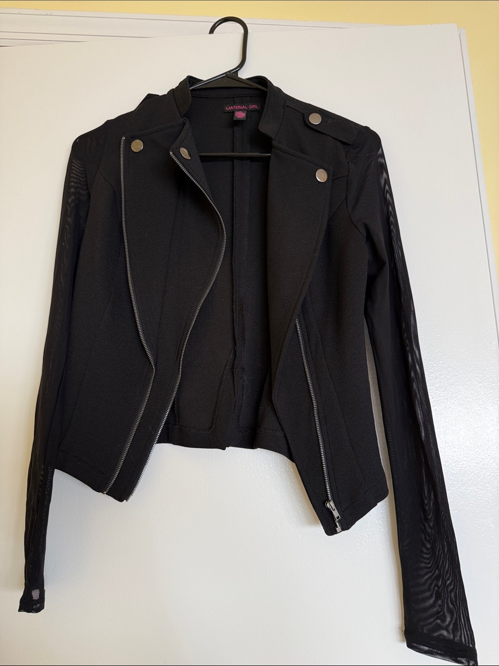 Material Girl Black Moto-Inspired Jacket with Sheer Sleeve Panels